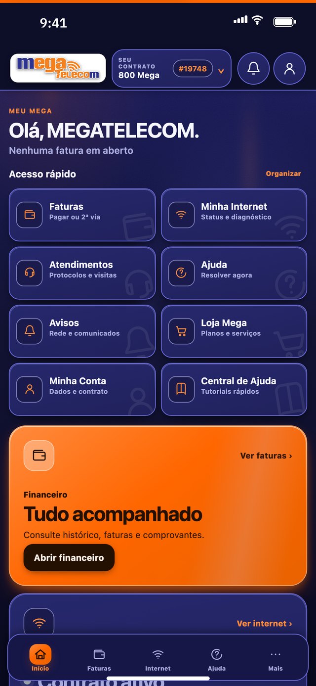Tela inicial do Meu Mega: faturas, internet, atendimentos e ajuda
